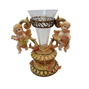 Vintage Hand-painted Resin Rose Cherub Angel Candle Holder Vase